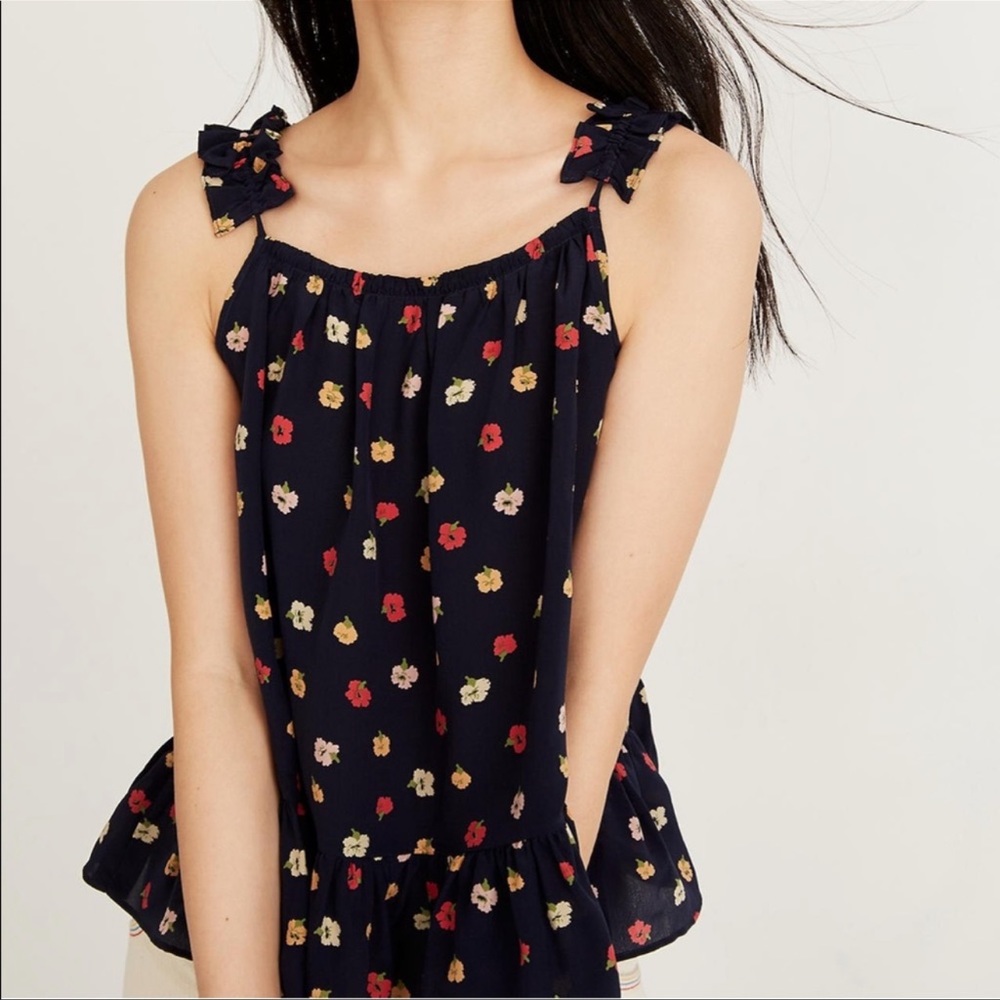 Madewell Silk Confetti Floral Ruffle Sleeve Tank Top